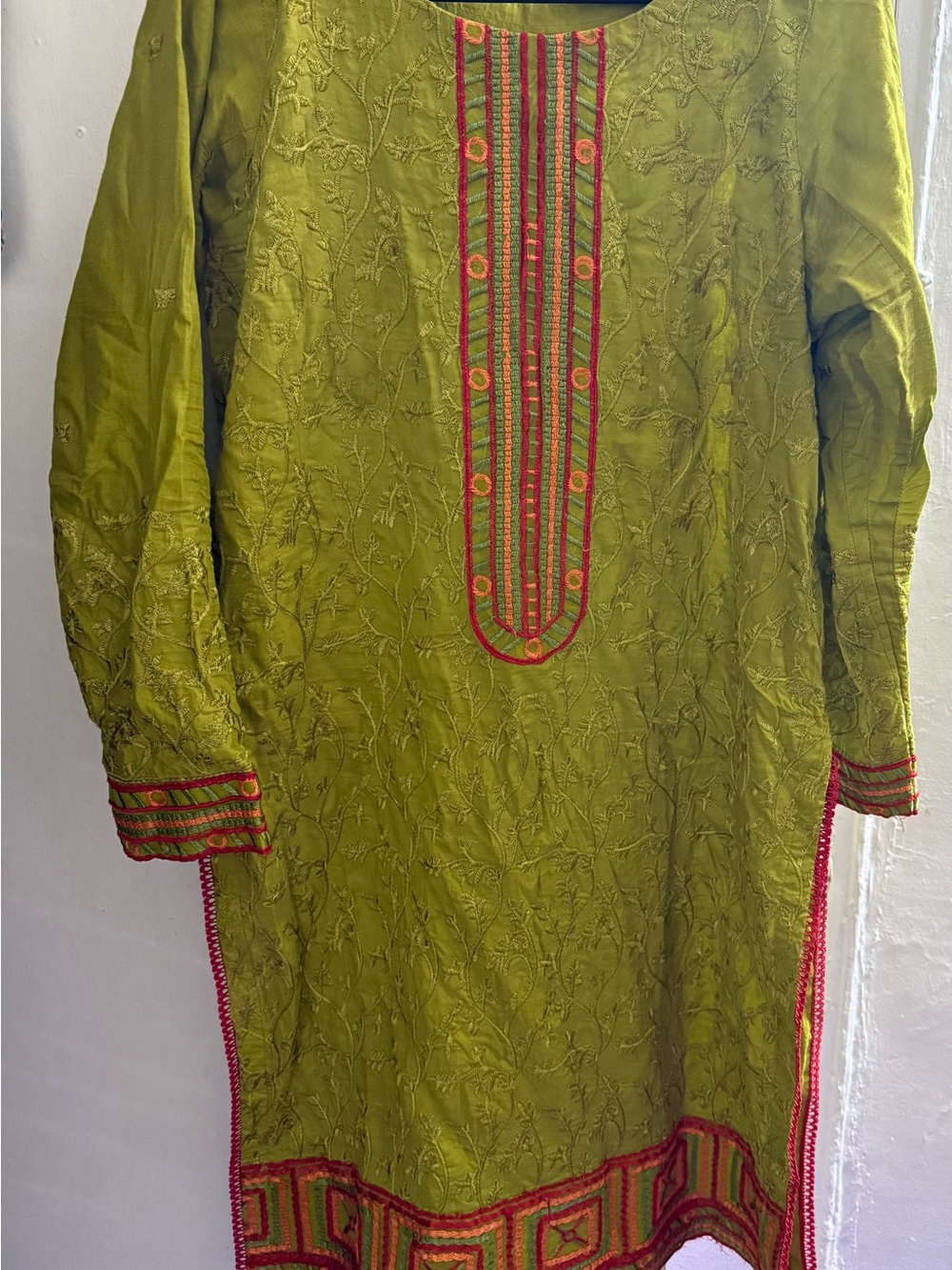 Olive Green Women's Embroidered Kurta with Pink Trim